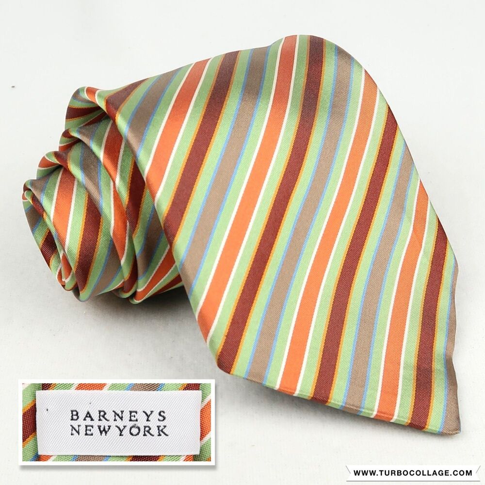 Barneys New York Hand Made Silk Necktie Orange Green Brown Stripe Italy